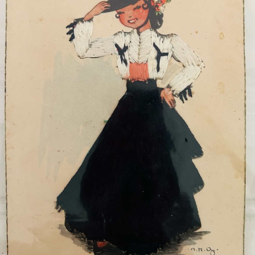 Chic Black A-Line Skirt for Women embroidered post cards Spanish women